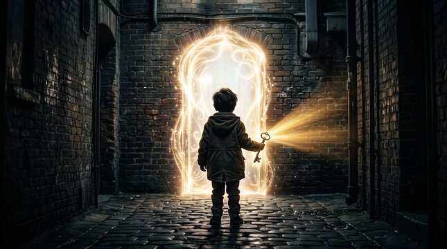 Young boy holding a lantern and key in a mystical alleyway  