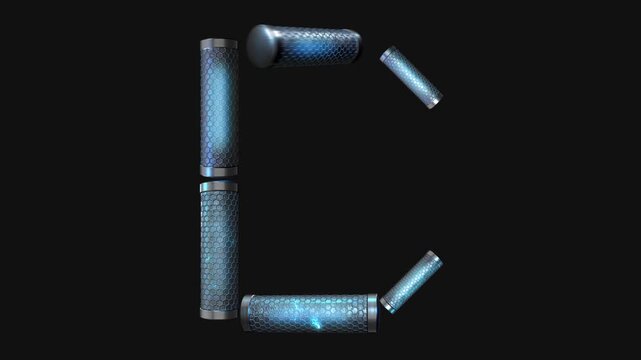 A drag and drop overlay letter that is made up from animated metallic tubes that pulsate and rotate.
