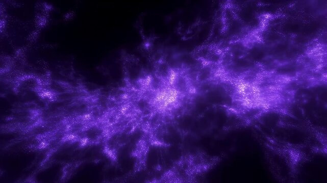 Purple glowing particles flow and swirl forming cloud-like clusters on a black background. Animated texture shows particles and clouds with flowing movement.