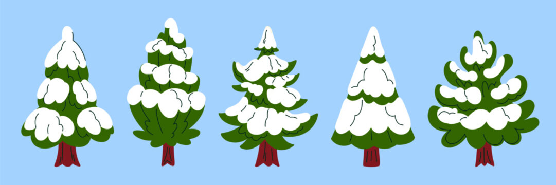 Snowy Evergreen Christmas Trees on Blue Winter Background, Hand Drawn Fir and Pine Collection for Festive Seasonal Illustration