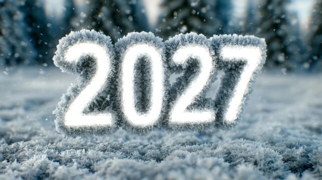 A luminous "2027" number emerges from frosty snow in a cinematic winter scene with volumetric light beams and a high-end aesthetic.