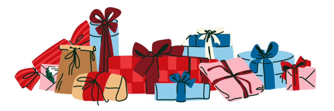 Christmas Gift Box Border with Wrapped Holiday Presents, Colorful Packages and Festive Ribbon Composition