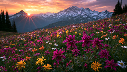 Obraz premium Sunset and Sunrise Over Majestic Alpine Mountains with Green Meadows, Wildflowers, Forests, Clouds and Snow-Capped Peaks in a Scenic Panoramic Landscape