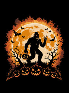 Halloween Bigfoot Sasquatch pumpkin bucket full moon bats silhouette art