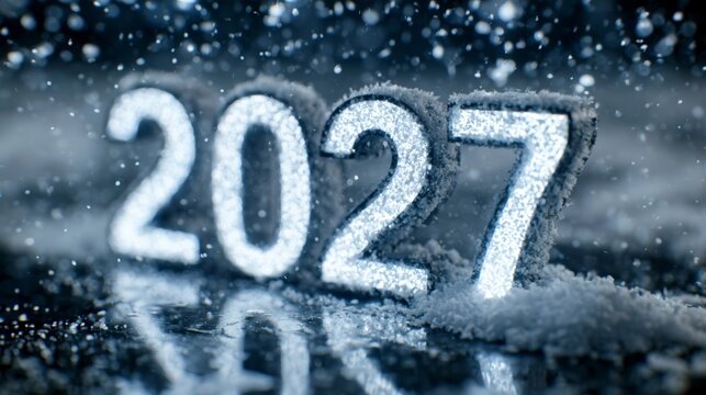 A luminous "2027" in snow-covered numerals on a reflective surface with glowing particles and cinematic lighting.