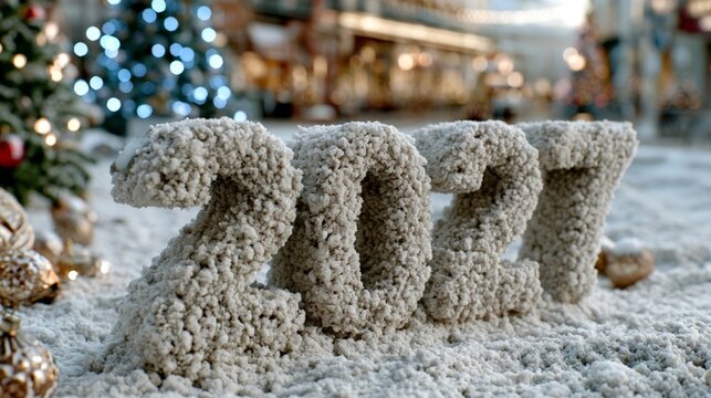 A snowy landscape featuring the numbers "2027" sculpted from packed snow, surrounded by Christmas ornaments and a softly lit tree, evoking a festive winter holiday atmosphere.