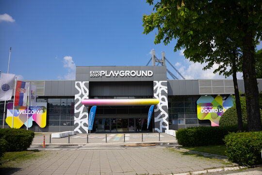 17 April 2026, Belgrade, Serbia: Expo 2027 playground pavilion entrance in Belgrade Serbia with colorful branding and welcome signage. Global exhibition promotion, urban development