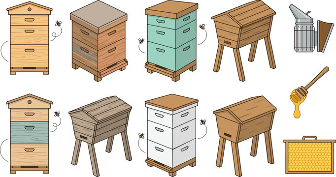 Wooden Beehive Vector Set Featuring Apiculture Langstroth Hives Smoker Honey Dipper and Comb for Beekeeping Industry Graphic Designs