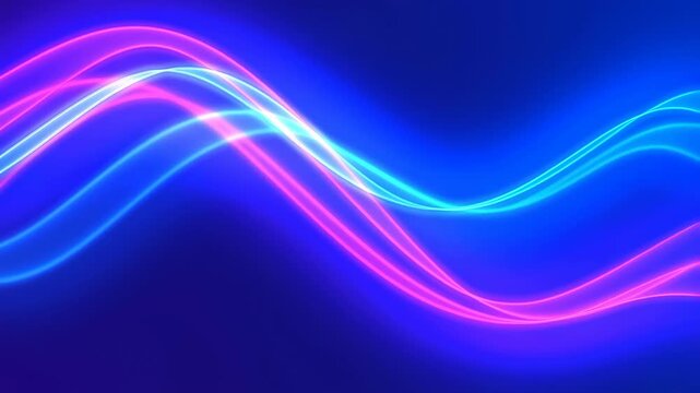 Animated glowing blue and pink wave lines flow and intersect on a dark blue background. Animated scene combines curved lines and glowing waves with light.