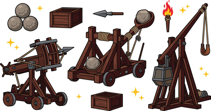 Medieval Catapult and Trebuchet Siege Engine Vector Set with Ballista Wooden Crates Stones and Torch for Game Design Elements