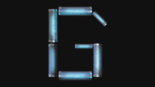 A drag and drop overlay letter that is made up from animated metallic tubes that pulsate and rotate.
