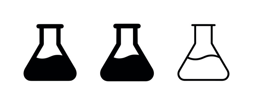 Laboratory flask icon set for science, chemistry, and research, with solid, bold outline, and thin outline variations.