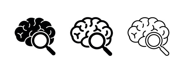 Brain with magnifying glass icon for research, analysis, intelligence, and cognitive study. © liubomir118809