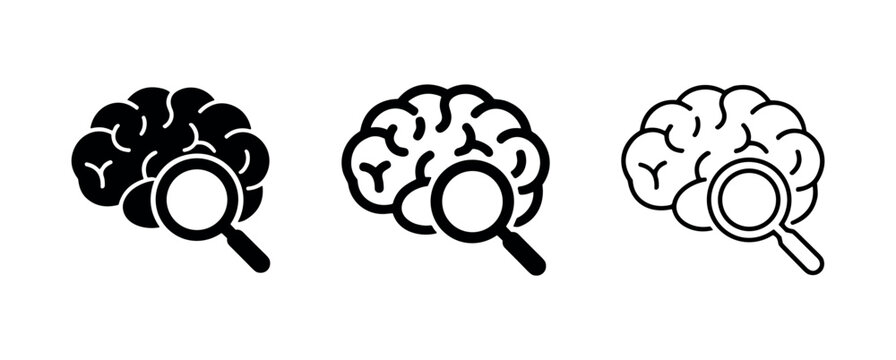 Brain with magnifying glass icon for research, analysis, intelligence, and cognitive study.