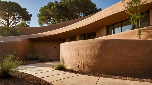 Futuristic minimal clay mud building architecture exterior