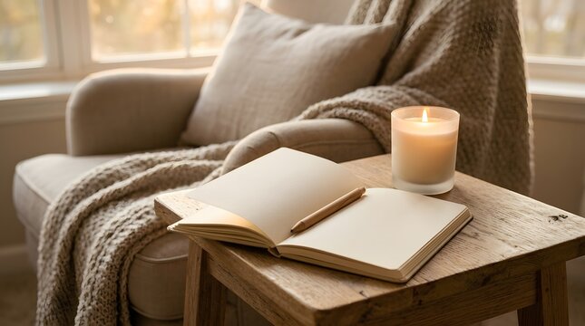 Cozy reading nook with open notebook and lit candle on wooden table by comfortable armchair.