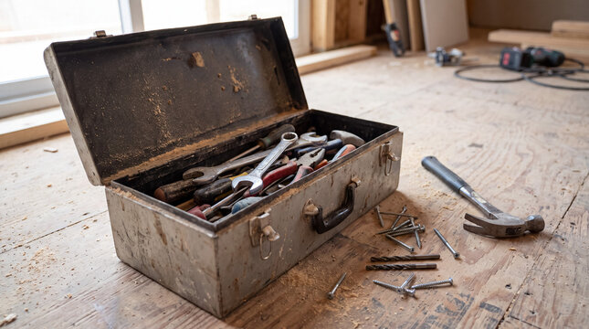 Open old metal toolbox filled with various hand tools on a wooden floor, surrounded by construction materials and sawdust