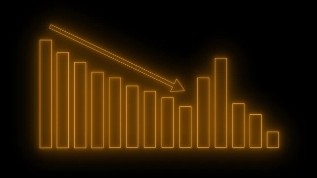 Neon declining bar chart with downward arrow animation