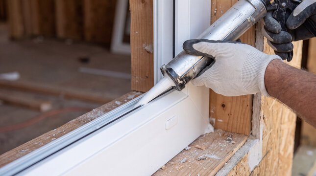 Worker installing a new window, applying silicone caulk sealant around the frame for a weather tight seal