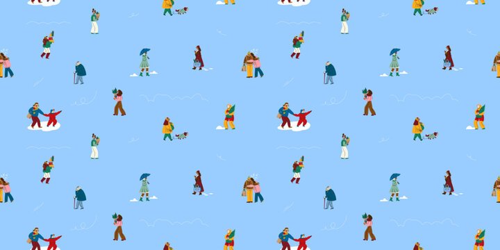 Minimal Seamless Pattern with Small Winter People, Holiday Shopping and Urban Lifestyle Characters, Cozy Scandinavian Illustration for Fabric, Wallpaper, Packaging and Seasonal Decor