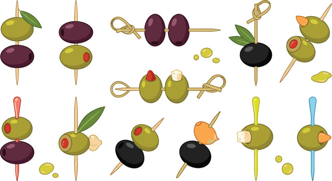 Green and Black Olive Skewer Vector Set with Pimento Stuffed Kernels Feta Cheese and Cocktail Picks for Catering Designs