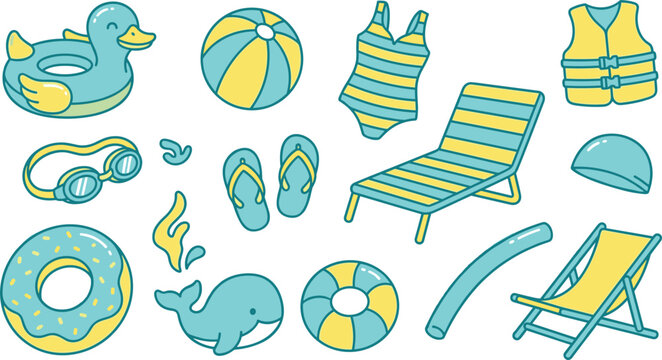 Summer Swimming Pool and Beach Accessory Vector Illustration Set with Inflatable Floats Swimwear Lounge Chairs and Water Activities Symbols for Vacation Layouts