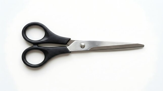 Close-up top-down view of a sharp, modern pair of black-handled metal scissors, a versatile cutting tool essential for office, school, and craft projects