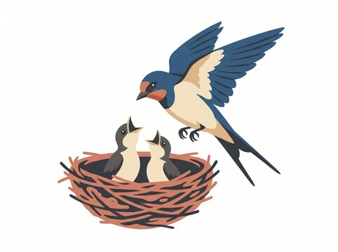 Swallow Parent Returning to Baby Chicks in Nest Vector