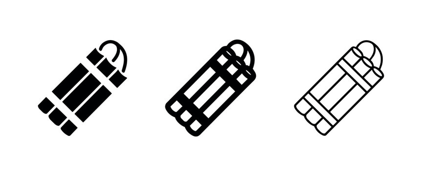 Dynamite icon set. Black, bold, and outline dynamite sticks for explosion, danger, and power.