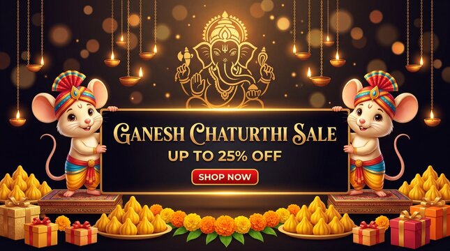 Ganesh chaturthi sale banner with two cartoon mice holding a scroll, featuring golden ganesha mandala, glowing diya lamps, and traditional indian sweets on a dark ... See More