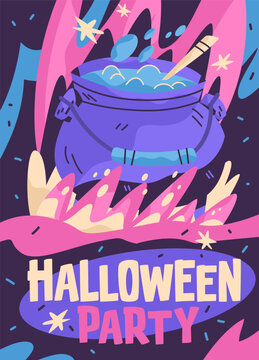 Halloween party poster vertical banner with bubbling witch cauldron, magic potion, and pink flames