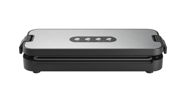 Modern electric vacuum sealer machine with silver top and control buttons on transparent background.
