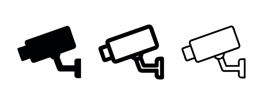CCTV security camera icon set. Video surveillance monitoring system symbols in glyph, bold, and line styles.