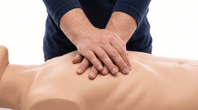 Extreme close-up of hands performing cardiopulmonary resuscitation on a mannequin, isolated on white background, medical concept, first aid