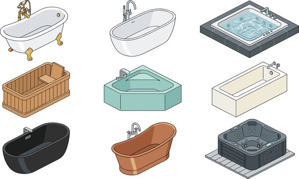 Isometric Bathtub and Luxury Hot Tub Vector Icon Set Featuring Clawfoot, Modern Freestanding, Jacuzzi, Whirlpool, and Bathroom Plumbing Elements