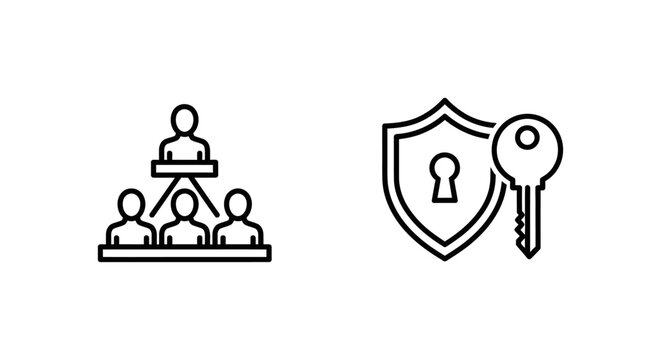 Black and white vector line art icons illustrating role hierarchy levels and permission security levels with a shield and key hierarchy permission security organization structure