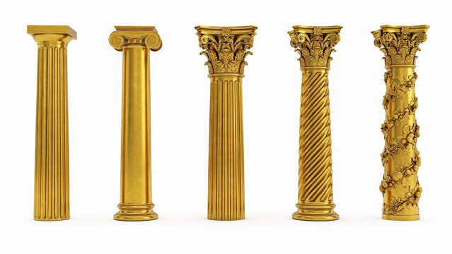 Golden classical columns set, five ancient greek gold pillars, luxury architectural elements for interior design and museum decor