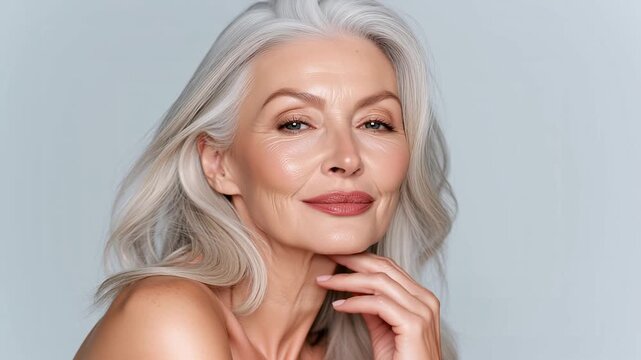 Mature woman gently touching face, revealing authentic skin texture, graceful neck lines, calm expression, soft natural daylight, timeless beauty, confident aging, minimalist wellness aesthetic.