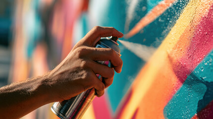 Naklejka premium Hand using spray paint can to create graffiti art on colorful wall 