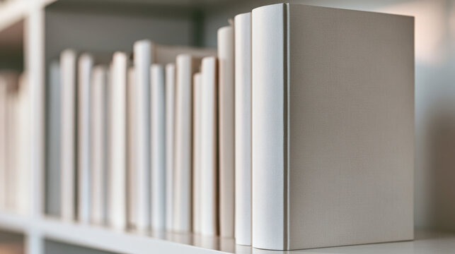 Empty hardcover books lined up on a shelf in a modern library  