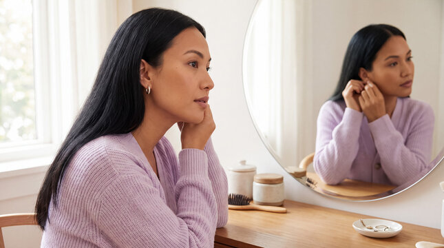 Woman looking at her reflection in a mirror, adding an earring. Focusing on self care, beauty, and daily routine