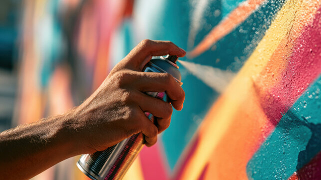 Hand using spray paint can to create graffiti art on colorful wall  