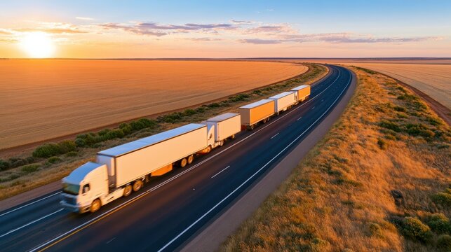 Aerial photograph of freight trucks travelling in long line on highway at sunset