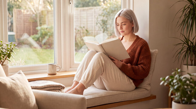 Young woman relaxing and reading a book on a cozy window seat, finding peace and enjoyment in her quiet hobby