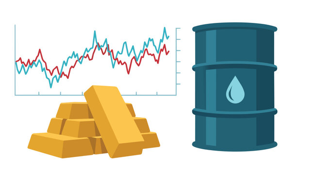 Commodity market trends with gold bullion and oil barrel price fluctuations in flat vector illustration for financial investment analysis