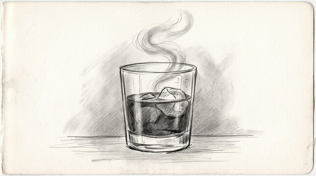 Pencil sketch of a glass filled with dark liquid and ice cubes, with steam rising