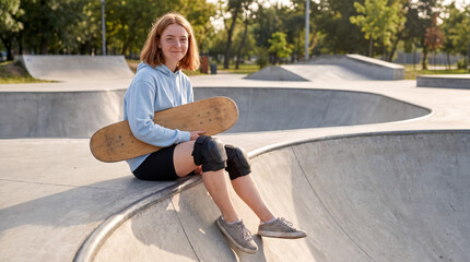 Fototapeta premium Young woman with skateboard and knee pads resting in concrete skate park, enjoying outdoor sport and lifestyle