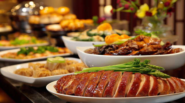 Elegant Chinese buffet featuring roast duck, seafood, dumplings and vegetables, luxury restaurant presentation, no people
