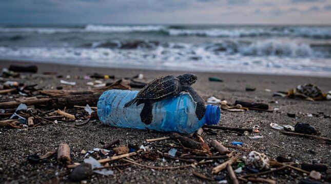 A baby sea turtle struggles on a plastic bottle amidst a heavily polluted beach with ocean waves in the background, highlighting environmental crisis.