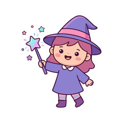 Naklejka premium Adorable little girl witch in purple dress and hat holding magic wand with sparkling stars